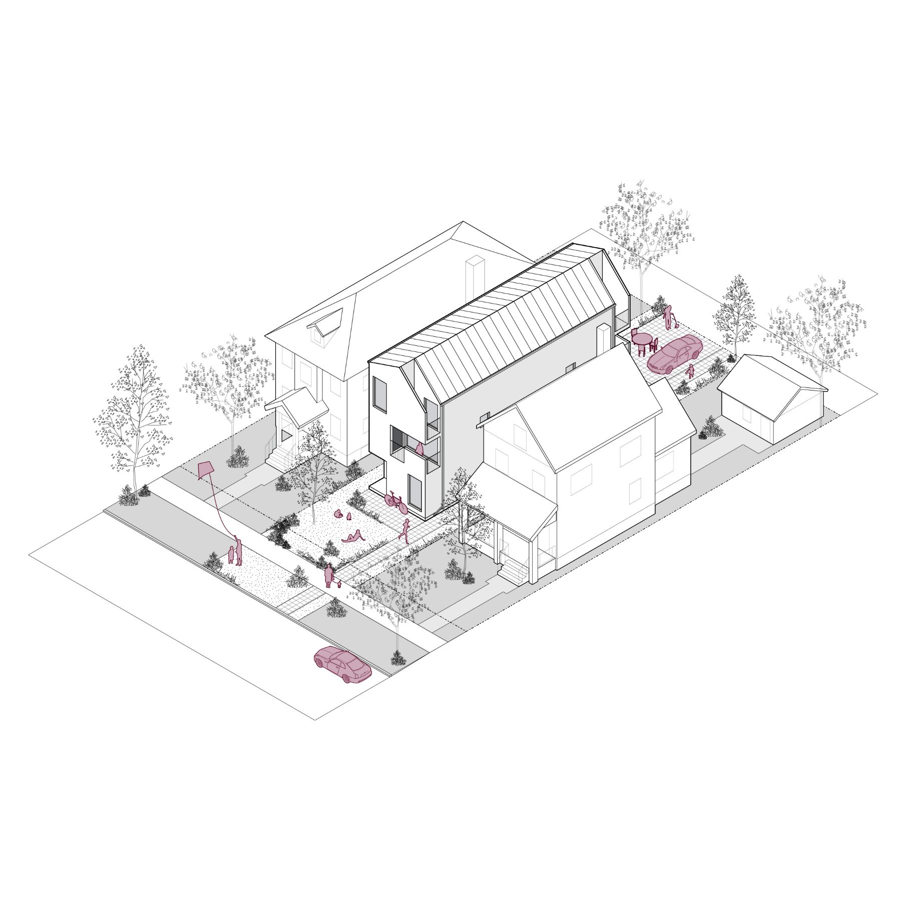 A 3D line rendering of a three-storey triplex, covering approximately 675.5 square feet. The rendering highlights the building’s compact footprint and integration into a typical residential neighbourhood. 